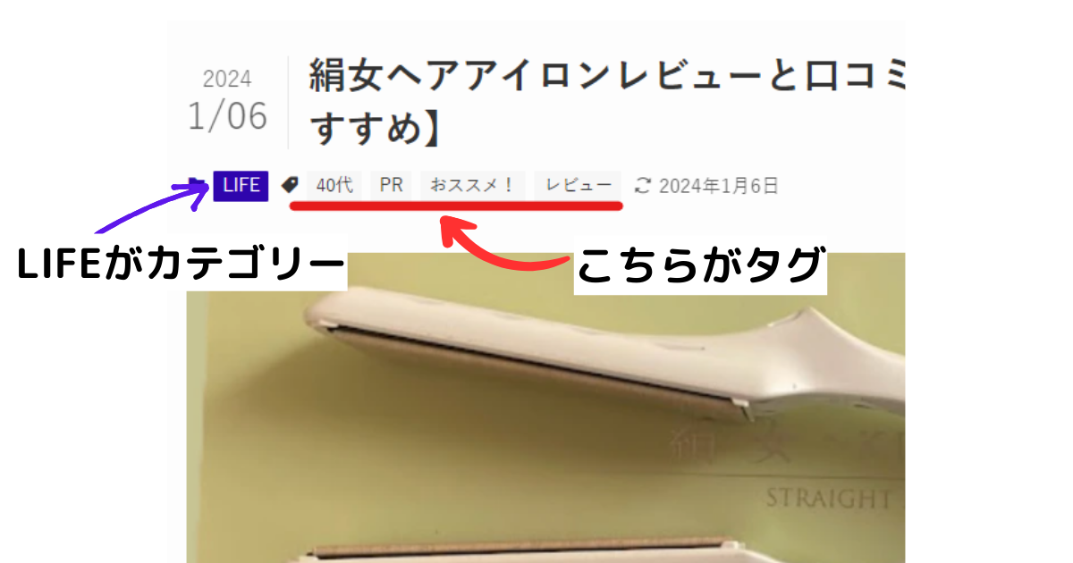カテゴリーとタグが表示されている様子